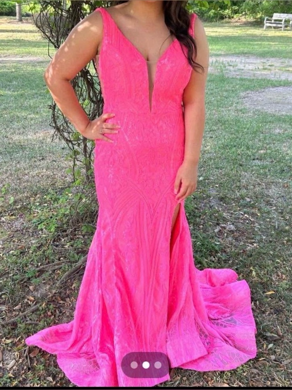 Hot Pink V-Neck Lace Evening Gown